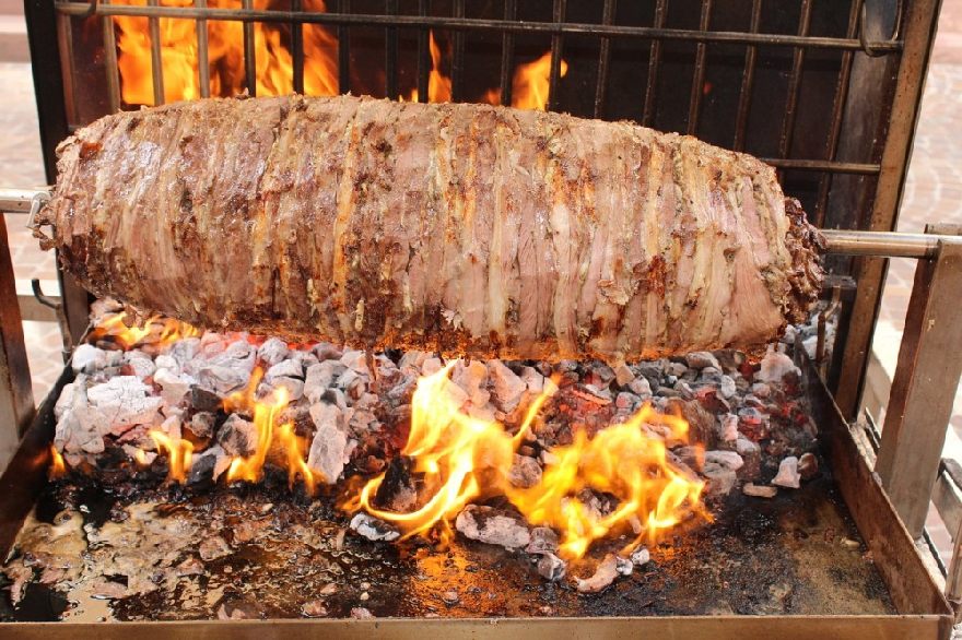 Delicious lamb kebab on the grill as prepared at California Kabob Kitchen in Los Angeles.